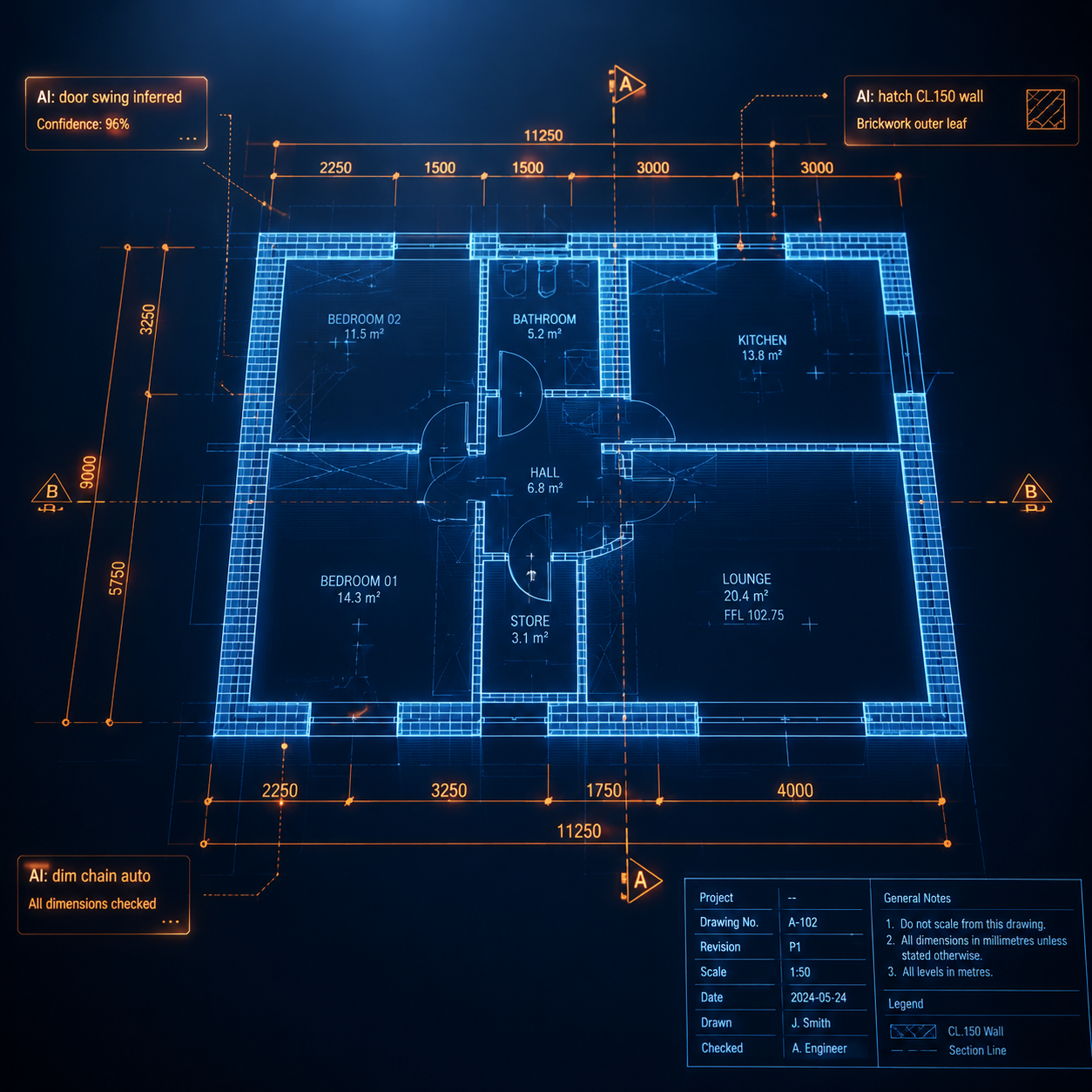 Architectural floor plan with AI-suggested annotations