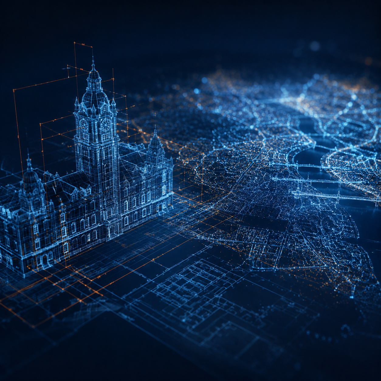 Glasgow city plan rendered as a luminous architectural blueprint