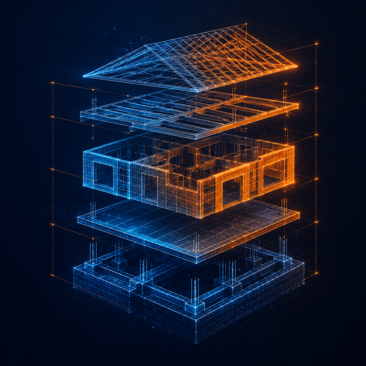 Isometric exploded view of a building's structural layers
