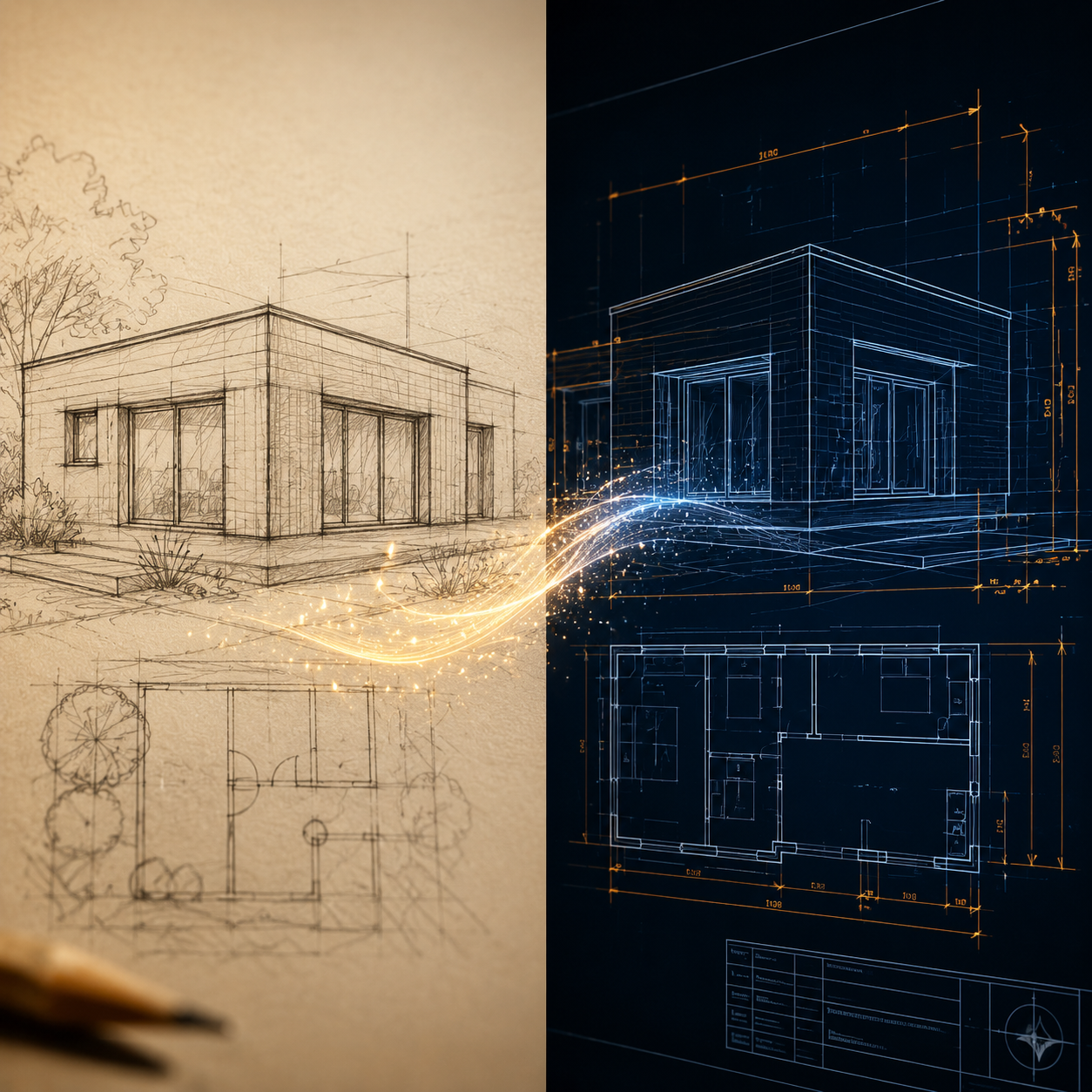 Hand-drawn architectural sketch transforming into a precise CAD drawing
