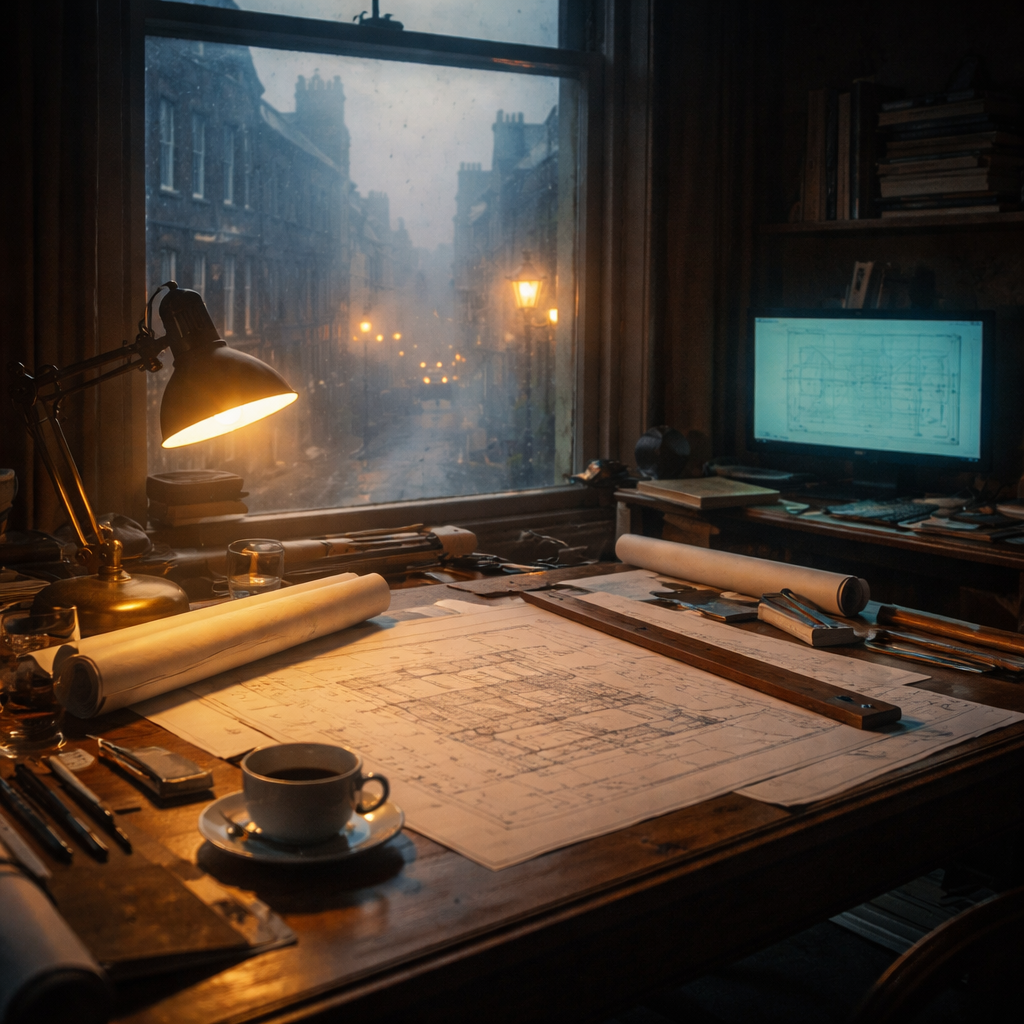 A Glasgow drafting studio at dusk — drawings, lamp, tea, misty street outside